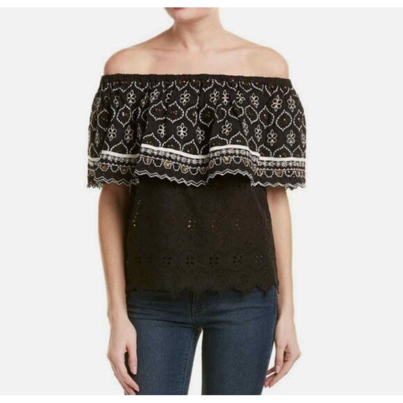 NWT Hemant and Nandita Mavra Off Shoulder Blouse Black White Sequin Embroidery M - Picture 1 of 13